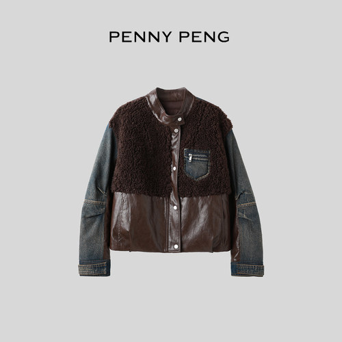 设计感复古棕色拼接鹅绒服外套