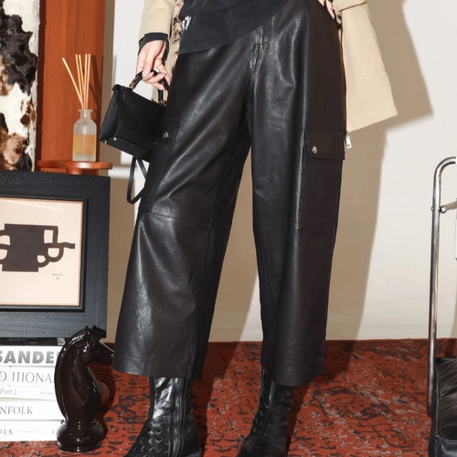 女装飒爽潮流工装直筒羊皮裤