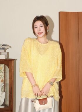 PENNYPENG剪花绒绒 19姆米毛毛圆领真丝宽松落肩五分袖廓形套头衫