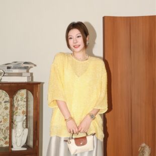 PENNYPENG剪花绒绒 19姆米毛毛圆领真丝宽松落肩五分袖廓形套头衫
