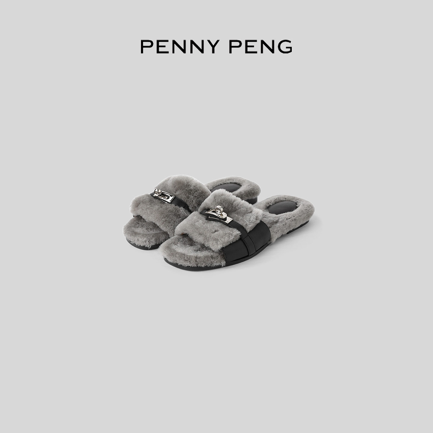 法式平底羊毛拼羊皮毛毛拖鞋