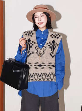 PENNYPENG图腾印章V领羊毛复古提花休闲慵懒风时尚套色针织马甲