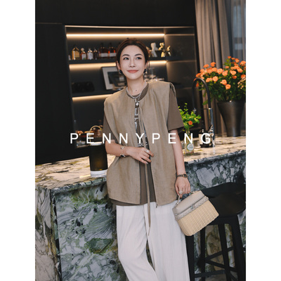 蝉溪鸣咖色亚麻无袖上衣