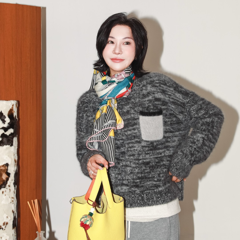 圆领狐狸绒羊毛桑蚕丝奢混套头衫