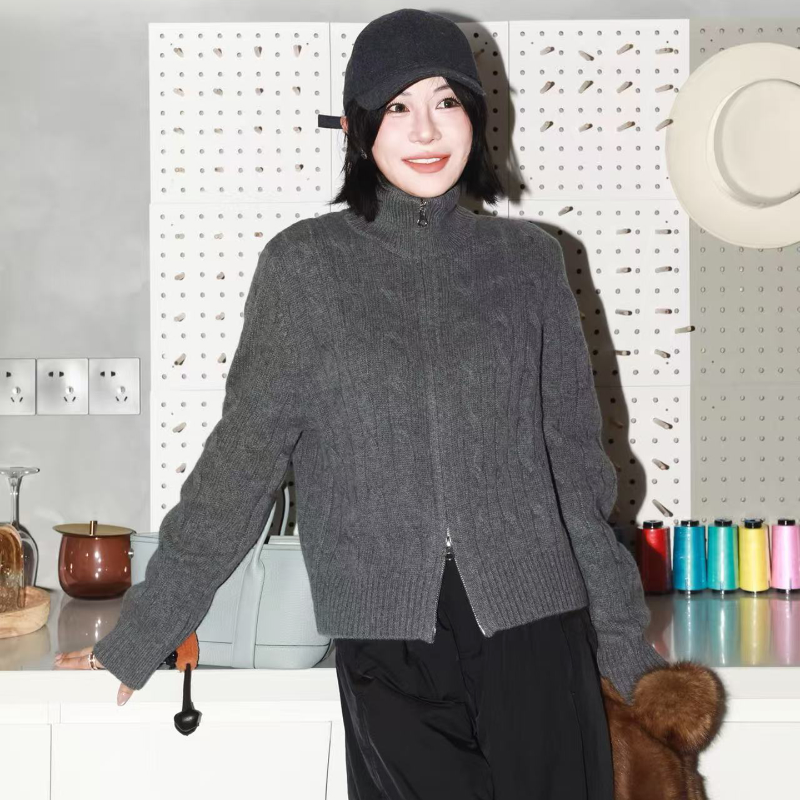 立领圆领绞花拉链羊毛长袖开衫