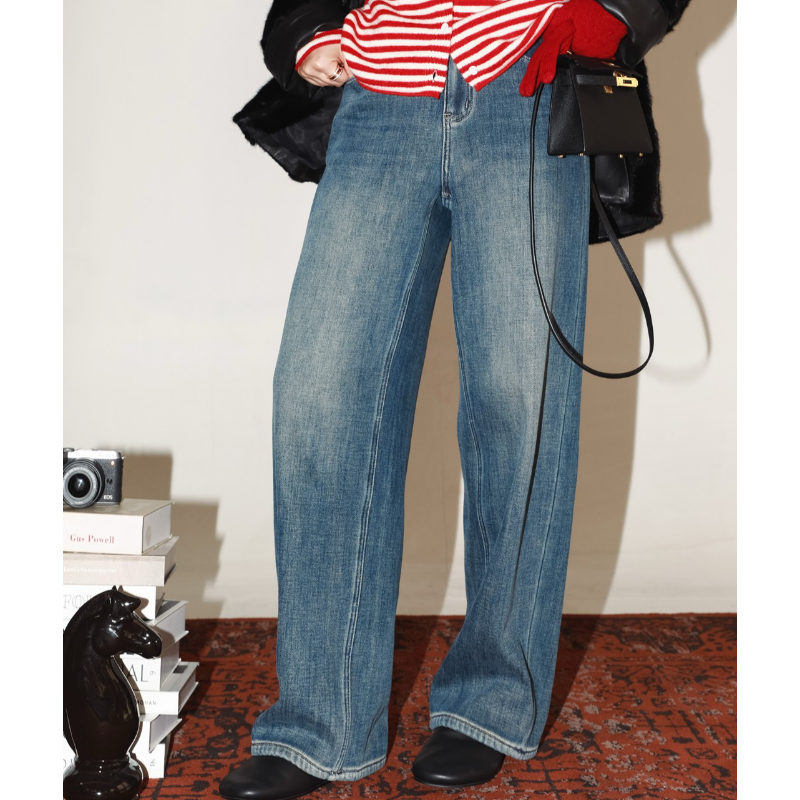 复古宽松加绒弯刀牛仔裤