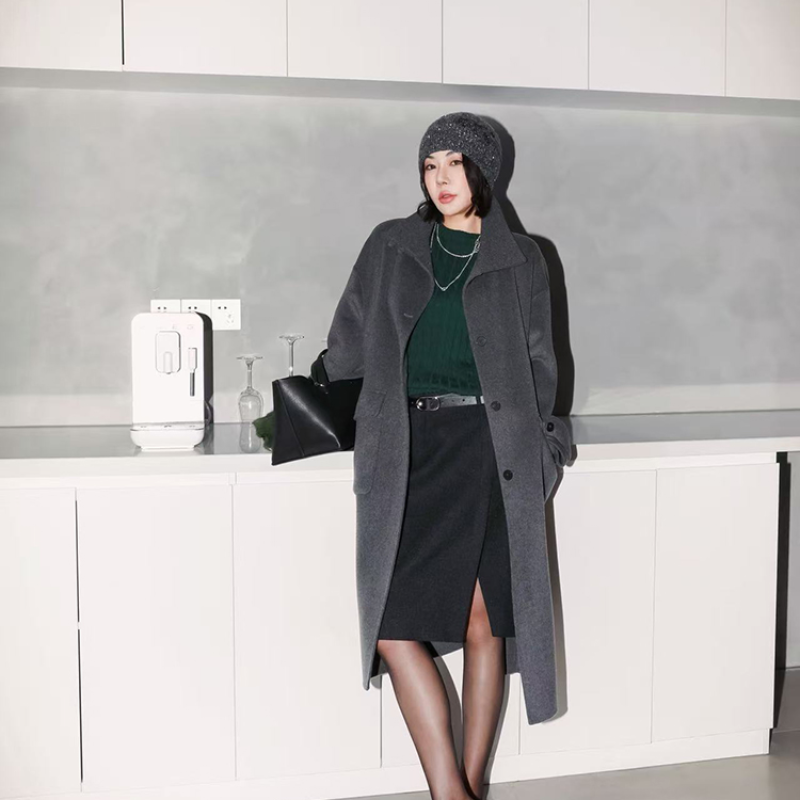 知性灰色羊毛羊绒保暖大衣外套