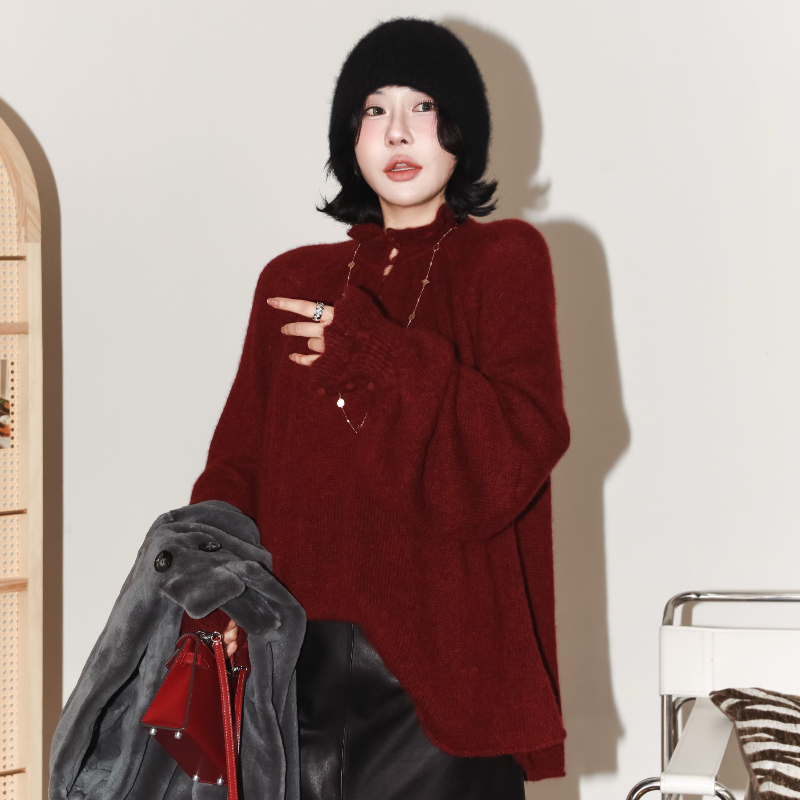 木耳领手工包扣羊绒宽松上衣