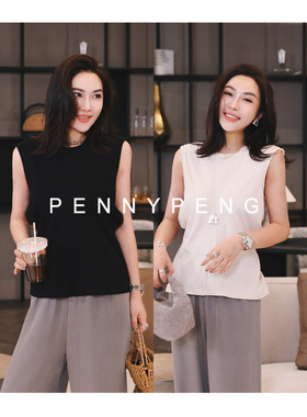 PENNYPENG今日luky 两色精梳棉卷边领腰部褶饰无袖T恤女 DF06092