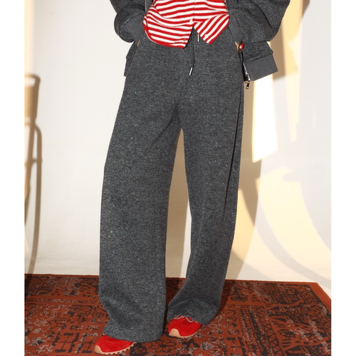 PENNYPENG雪花酥秋冬新款百搭松紧腰抽绳针织加绒羊毛宽松弯刀裤