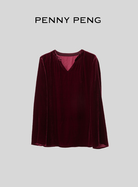 PENNYPENG 罗曼尼2.0 新年红100真丝底布气质丝绒上衣 DG01209