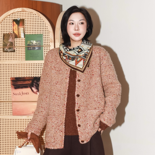 混色纹理小香风宽松羊毛外套