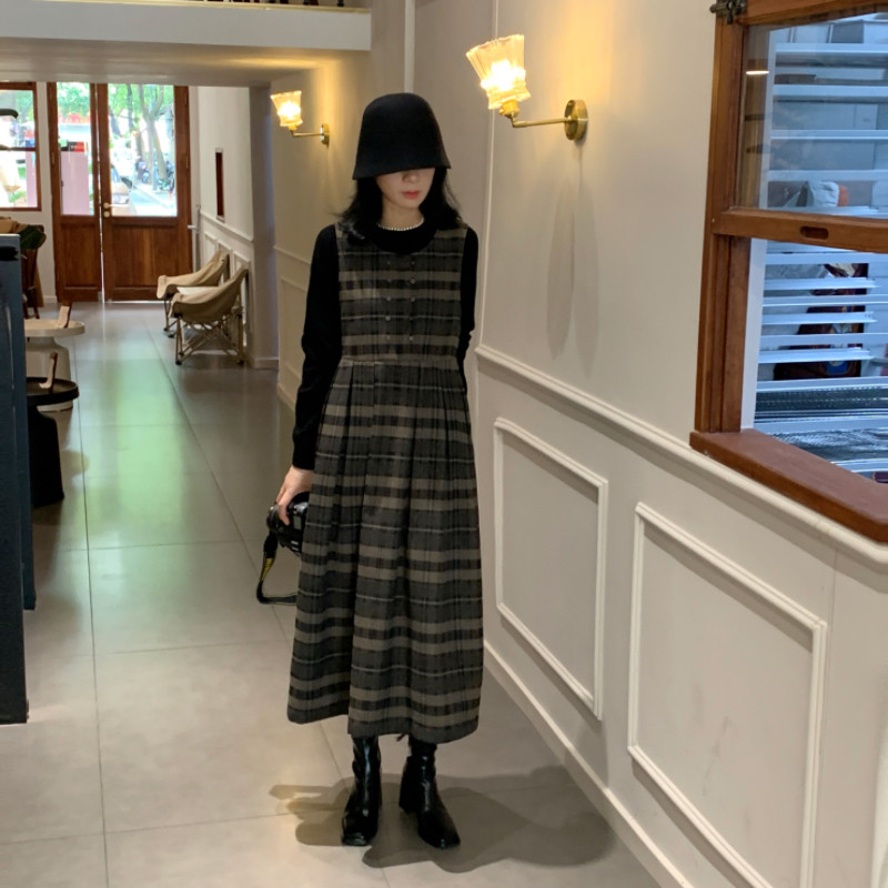Udress 复古格子连衣裙背带裙宽松中长款连衣裙女装秋装