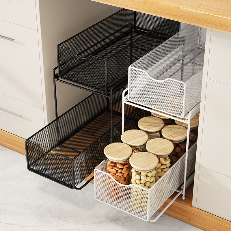 下水槽置物架抽拉式厨房整体橱柜拉篮极窄双层柜子分层调料收纳收