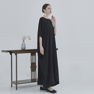 重工立体提花极简风Y96佛系宽松显瘦气质超长袍子文艺复古连衣裙