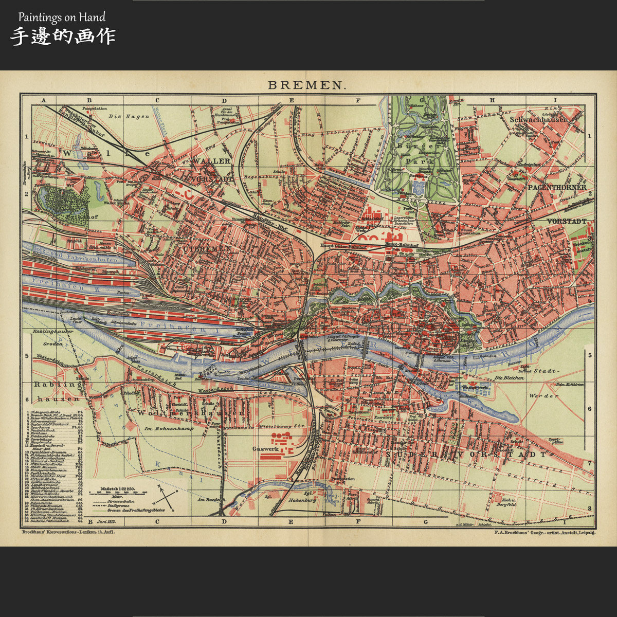 德国1894年古董套色石印版画美式装饰画/布鲁克豪斯/不莱梅地图