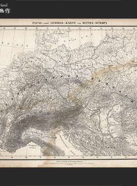 德国1847年古董Antique平印石版印古地图书房装饰画/中欧河流山脉