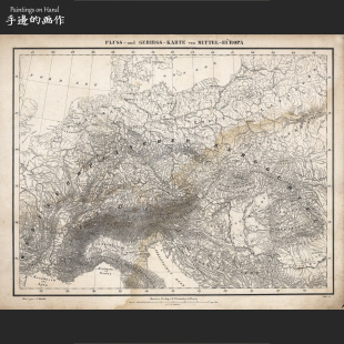 德国1847年古董Antique平印石版印古地图书房装饰画/中欧河流山脉