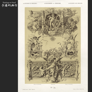 奥地利1900年古董复古木刻+套色石印版画/寓言和标志/天使 浮雕