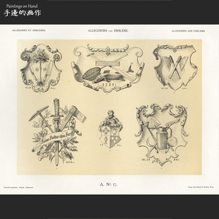 奥地利1900年古董复古木刻+套色石印版画/寓言和标志/盾徽 徽志