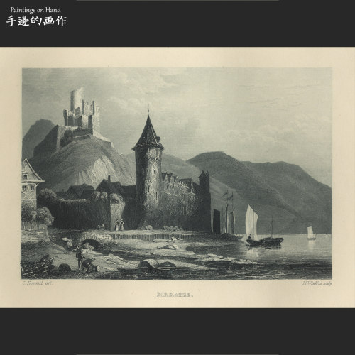 德国1890年古董雕版蚀刻Antique钢版画/如画的莱茵河/DIE KATZE.