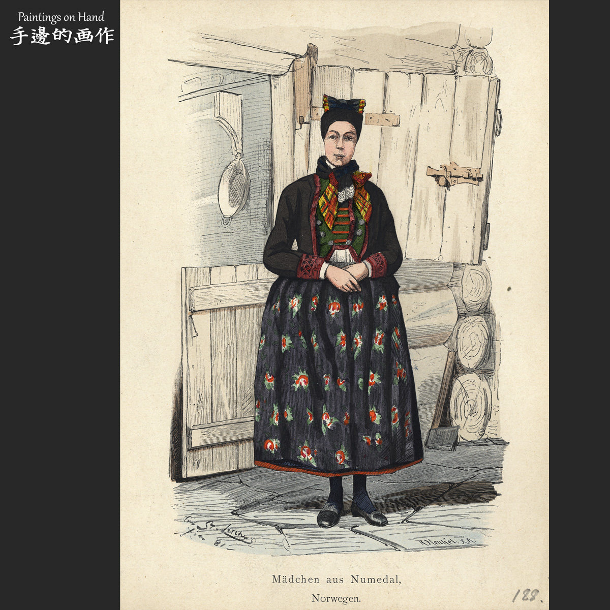 德国1877年古董手工上色木刻版画收藏/服装史 图鉴/挪威努梅达尔