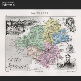 法国1878年古董手工上色雕版地图版画芯/Vuillemin/卢瓦尔河地区