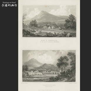 画芯收藏 英国1831年古董铜版 画钢版 画雕版 兰戈伦 威尔士风光