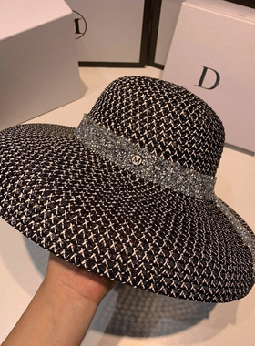 复古时尚黑色白色网红草帽遮阳帽防晒度假海边沙滩帽子女夏大檐帽