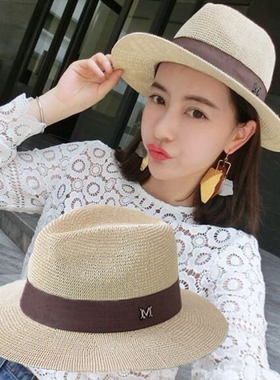 夏天帽子女礼帽M标女士草帽沙滩帽太阳帽 防晒遮阳帽子