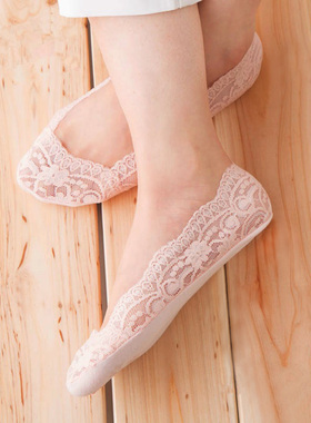 韩版蕾丝船袜女防滑硅胶韩国夏天超薄款冰丝袜底女纯棉浅口隐形袜