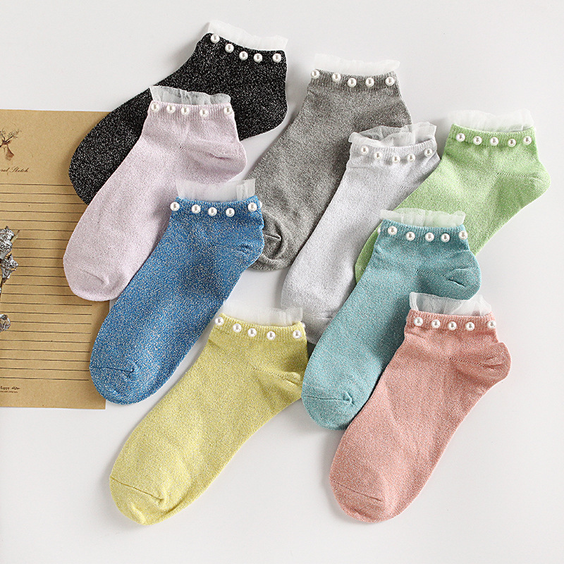 铆钉金丝银丝花边韩版带珠珠短袜