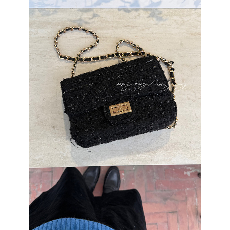 cosy zing 韩系黑色小香风毛呢亮晶晶菱格链条斜挎气质小方包女包