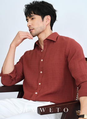 秋季雅痞绅士 老钱风红色衬衫男士商务高级感免烫做旧复古衬衣男