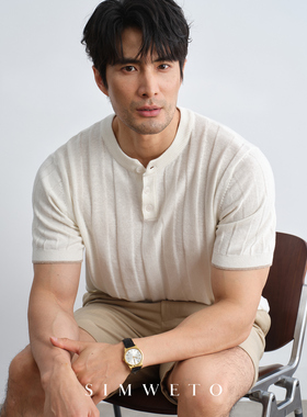 『30S高支亚麻』松弛老钱 亚麻亨利领polo衫男士竖条肌理短袖T恤