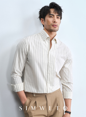 意式优雅老钱 轻盈泡泡纱条纹衬衫男士休闲复古一片领纯棉衬衣男