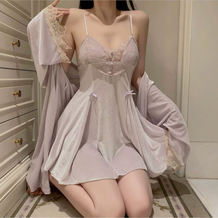 睡衣女秋冬季金丝绒吊带胸垫高级感蕾丝纯欲风性感睡裙睡袍法式风