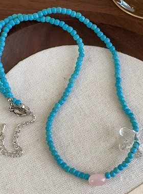 夏日多巴胺清爽花朵蓝色串珠项链百搭ins锁骨链显白韩系小众颈链