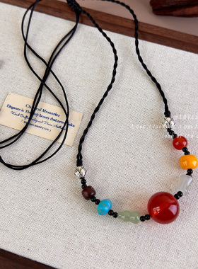 新中式复古民族风吊坠项链女夏天编绳串珠配饰玛瑙珠子装饰锁骨链