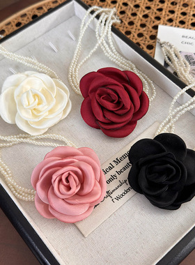 纯欲玫瑰花朵珍珠多层项链女轻奢高级感choker锁骨链项圈颈带颈链