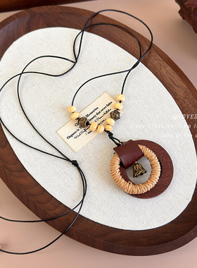 新中式禅意长款编织绳木质项链女复古卫衣链波西米亚度假风毛衣链