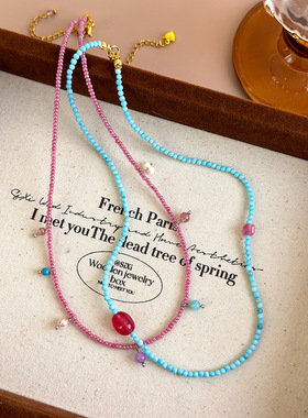 复古新中式撞色串珠项链简约叠戴短款锁骨链颈链文艺小众设计配饰