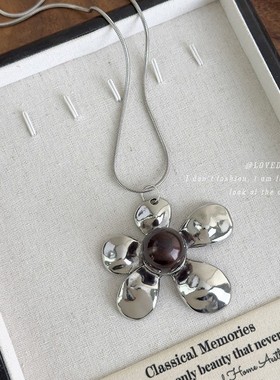 复古做旧夸张大花朵项链重工斑驳金属长款毛衣链百搭小众时尚配饰