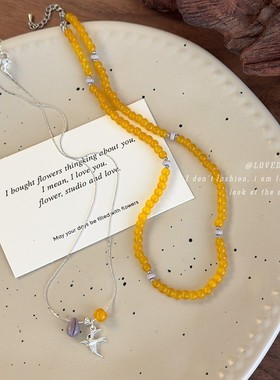 新中水清冷感清新黄色玻璃串珠百搭项链飞燕叠戴锁骨链春夏项饰