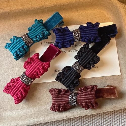 复古丝绒砂糖水钻蝴蝶结木耳边刘海夹甜美侧边夹后脑勺碎发鸭嘴夹