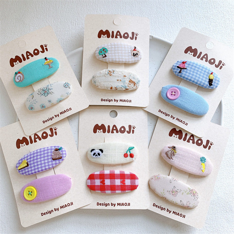 韩版儿童布艺格子刺绣水果卡通发夹甜美女童侧边刘海碎发BB夹发卡