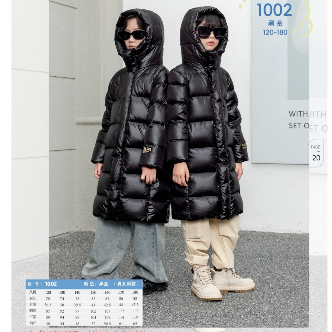 翻新定制儿童羽绒服亲子装外套男童女童长款黑金冬季新款免洗衣服