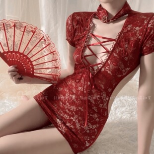 你的98K女友 军阀夫人黑色白色镂空蕾丝绑带性感火辣透视旗袍制服