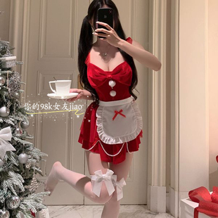 圣诞红色女仆制服可爱诱惑你的98K女友性感蝴蝶结战袍内衣套装