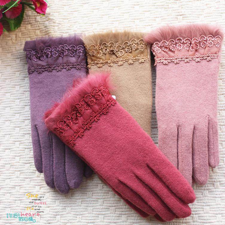 火狐女款双层蕾丝羊绒羊毛手套加厚加绒毛口冬季骑车保暖分指手套